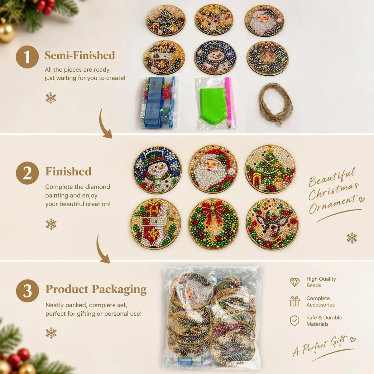 6Pcs Christmas DIY Diamond Painting Ornaments Kit🎄Xmas Tree Hanging Pendant🎁 Handmade Craft Decoration Gift for Holiday Home Party