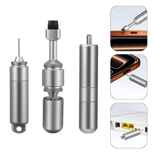 2-in-1 Aluminum Body SIM Card Tray Removal Tool with Keychain Clip, Cleaning Brush, Dual-Head Reset Needle & Earphone Port Cleaner for Smartphone, Cellphone, Mobile Device, iPhone, Airpods, Earbuds
