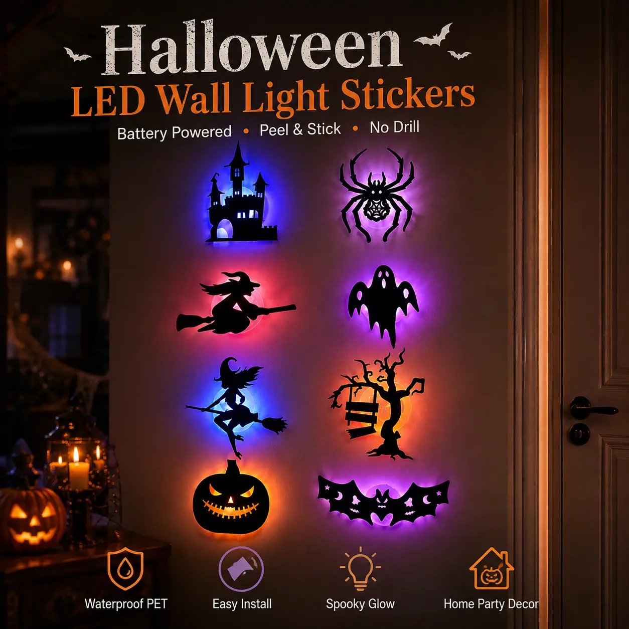 Halloween LED Wall Light Stickers –🎃 Peel & Stick Spooky Decorations for Home, Windows & Parties