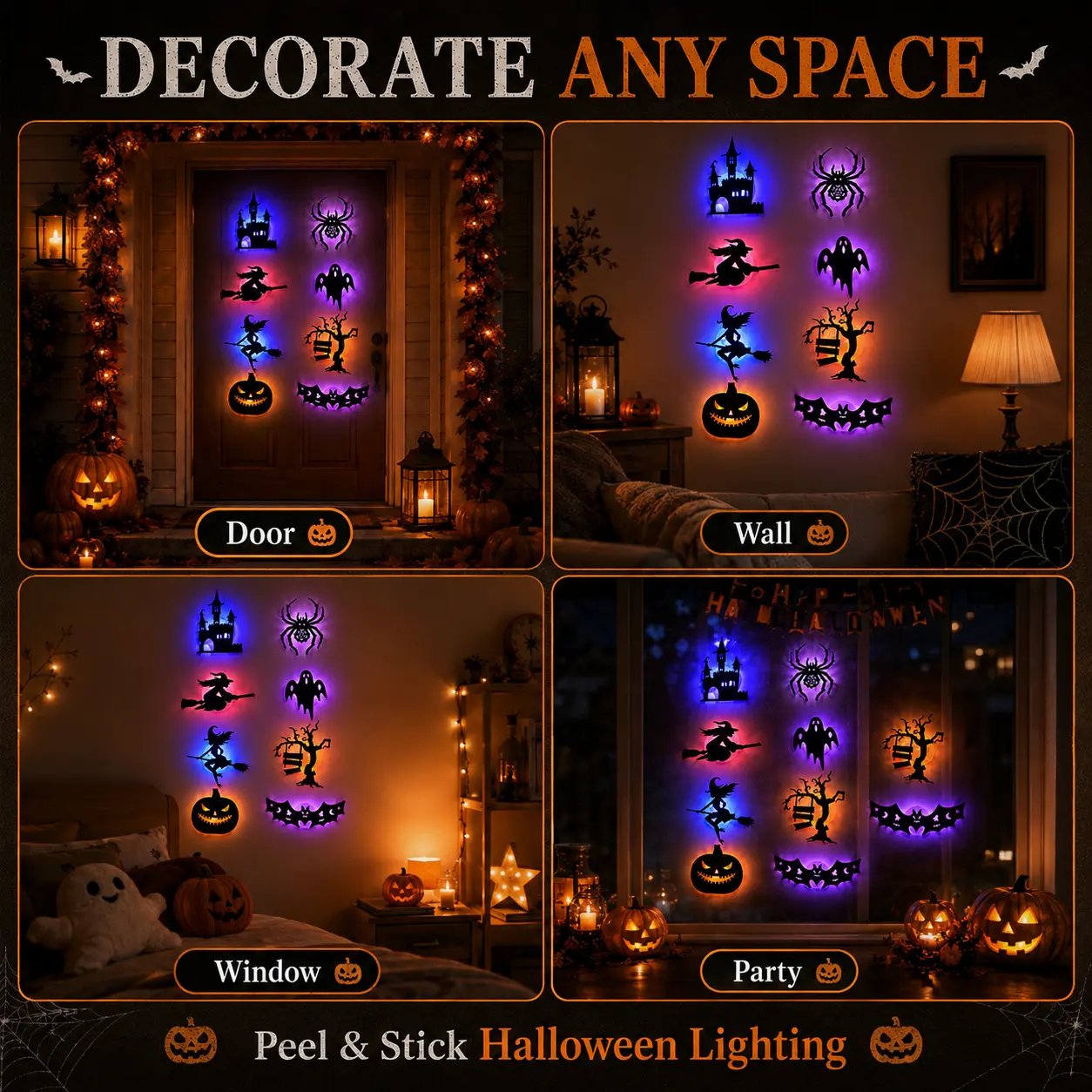 Halloween LED Wall Light Stickers –🎃 Peel & Stick Spooky Decorations for Home, Windows & Parties
