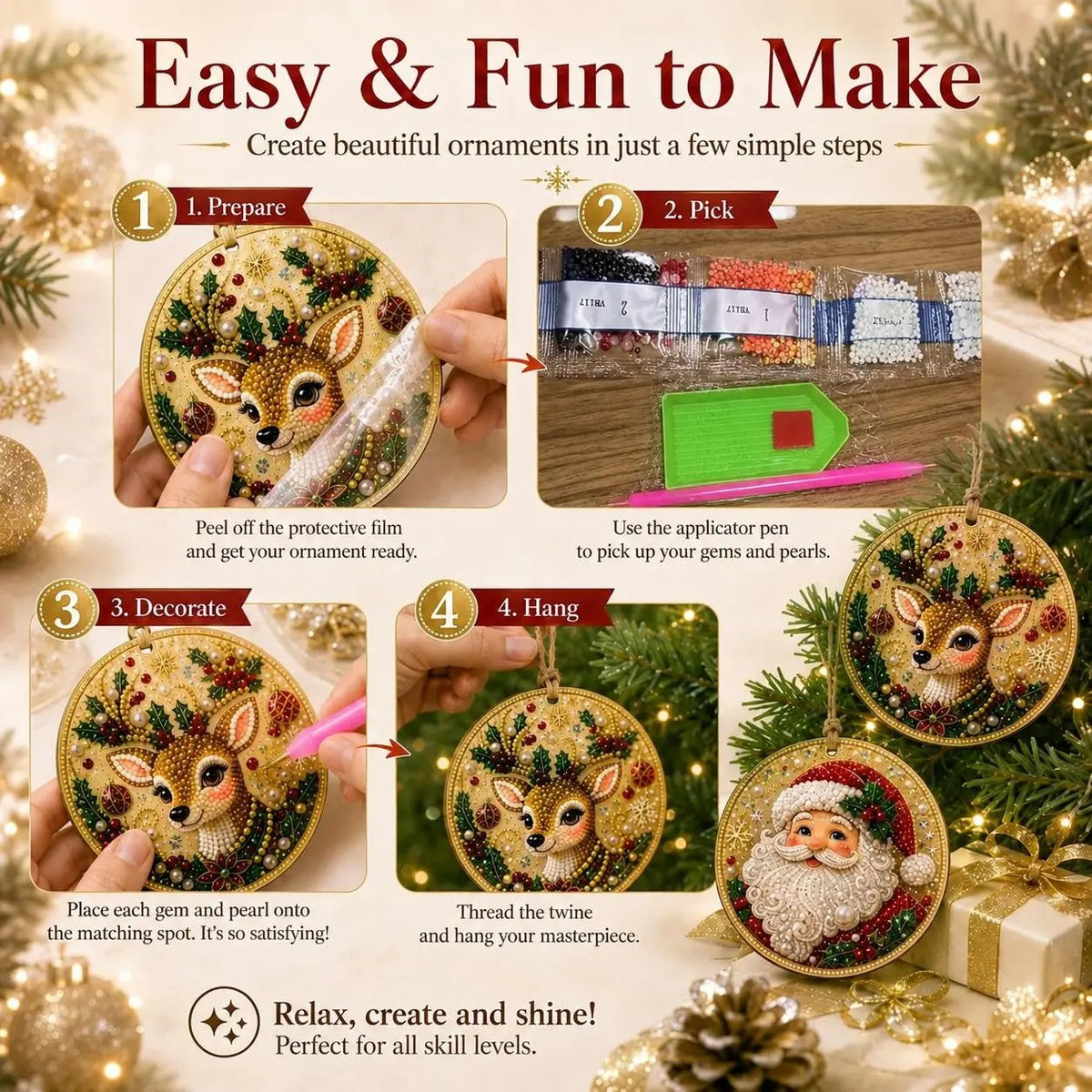 6Pcs Christmas DIY Diamond Painting Ornaments Kit🎄Xmas Tree Hanging Pendant🎁 Handmade Craft Decoration Gift for Holiday Home Party