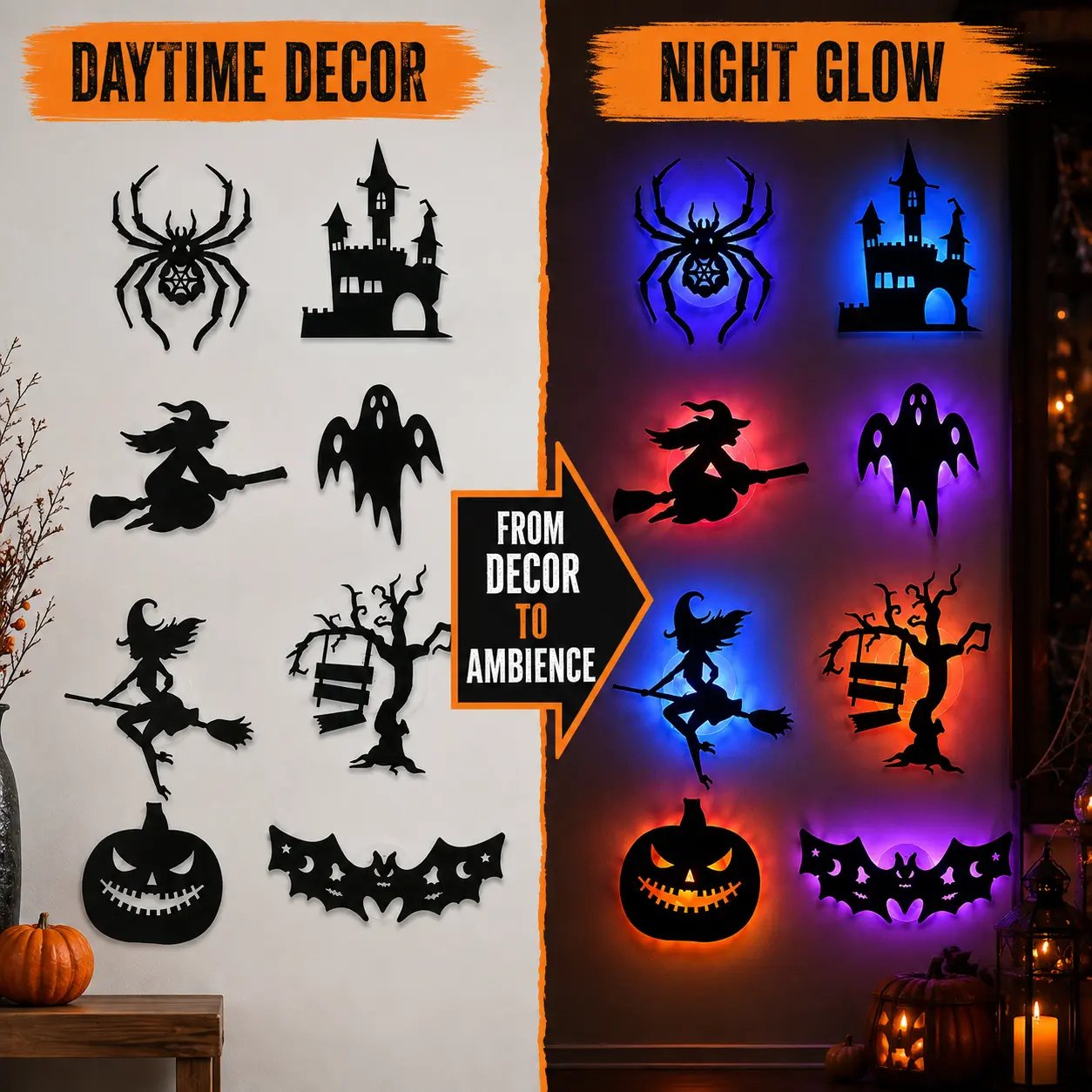 Halloween LED Wall Light Stickers –🎃 Peel & Stick Spooky Decorations for Home, Windows & Parties