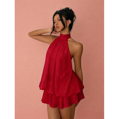 ✨Noxlo Ruched Halter Mini Dress | Open Back Ruffle Hem, Flowy Chiffon for Beach & Vacation(📦Buy 1 Free Shipping)