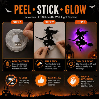 Halloween LED Wall Light Stickers –🎃 Peel & Stick Spooky Decorations for Home, Windows & Parties