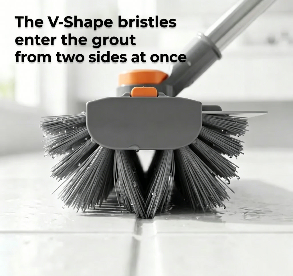 No Kneeling Bathroom Tile Brush – 3-in-1 Scrubber, Squeegee & Crevice Tool, 360° Rotating Head, Adjustable Long Handle, Zero Electronics, No Breakdowns