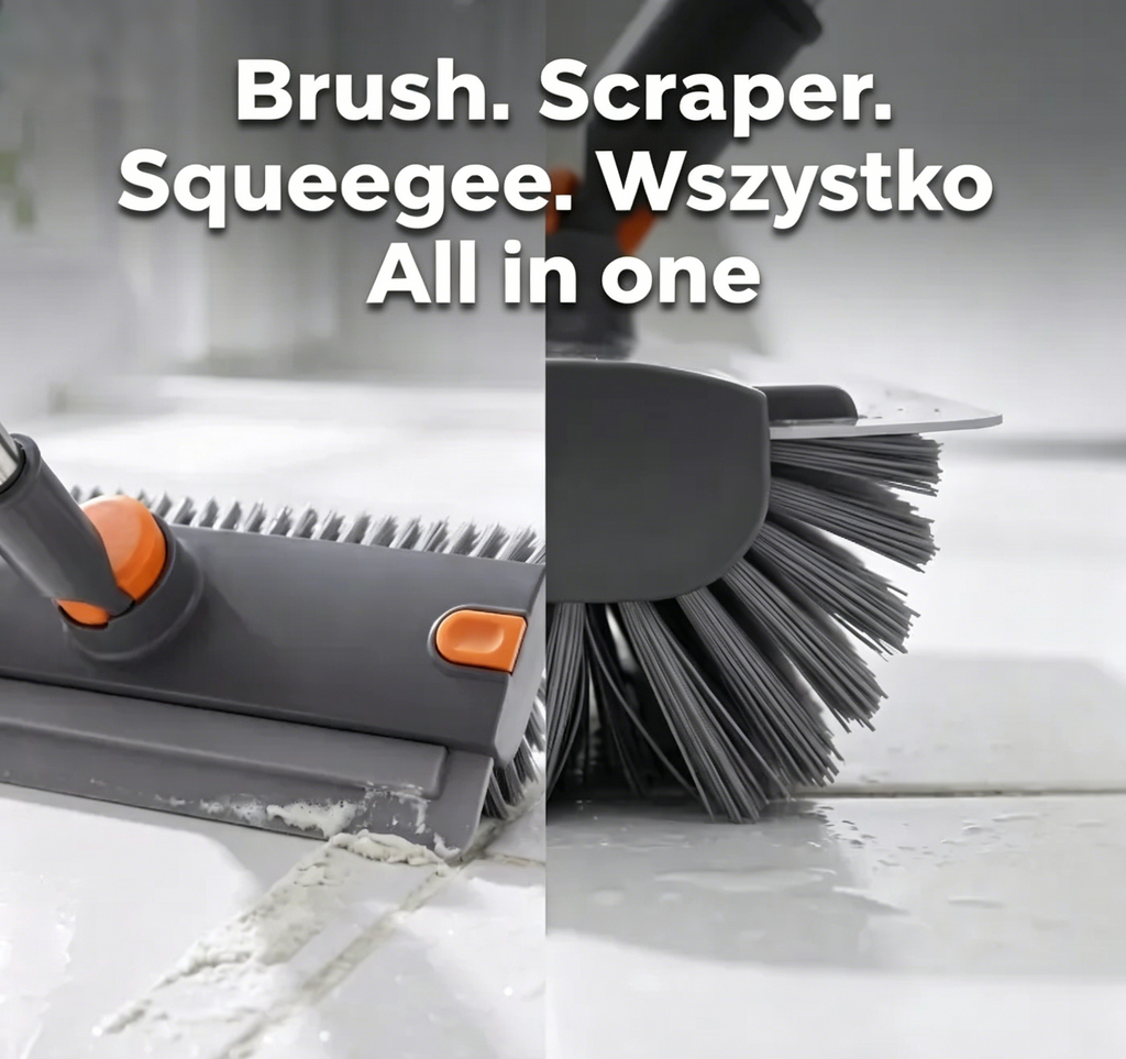 No Kneeling Bathroom Tile Brush – 3-in-1 Scrubber, Squeegee & Crevice Tool, 360° Rotating Head, Adjustable Long Handle, Zero Electronics, No Breakdowns