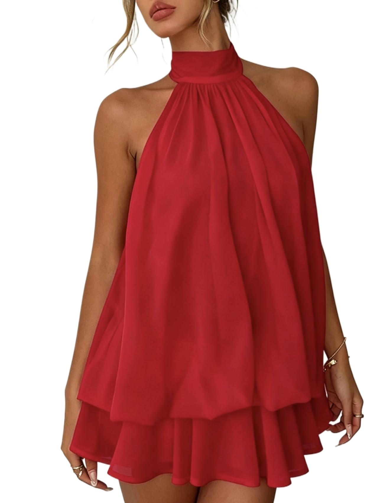 ✨Noxlo Ruched Halter Mini Dress | Open Back Ruffle Hem, Flowy Chiffon for Beach & Vacation(📦Buy 1 Free Shipping)