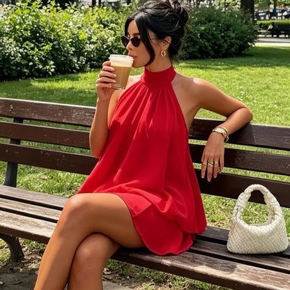 ✨Noxlo Ruched Halter Mini Dress | Open Back Ruffle Hem, Flowy Chiffon for Beach & Vacation(📦Buy 1 Free Shipping)