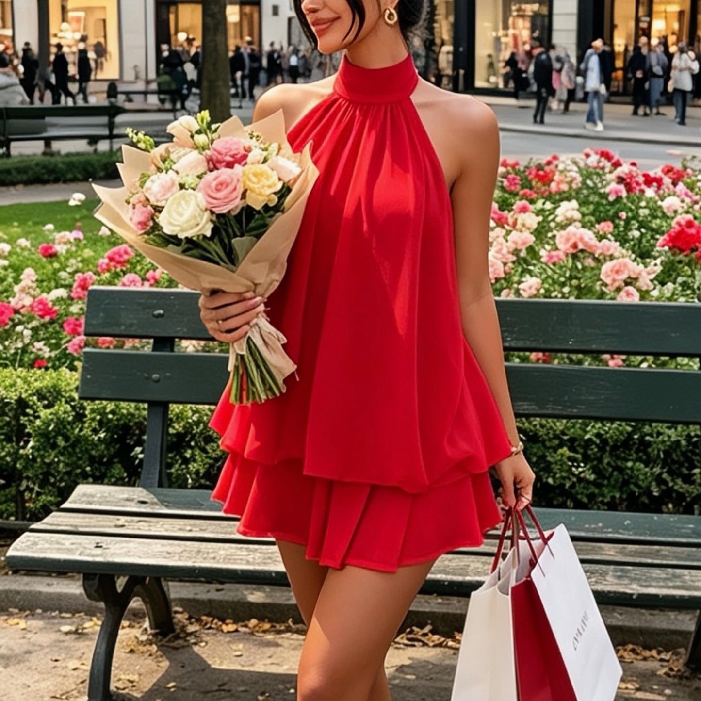 ✨Noxlo Ruched Halter Mini Dress | Open Back Ruffle Hem, Flowy Chiffon for Beach & Vacation(📦Buy 1 Free Shipping)