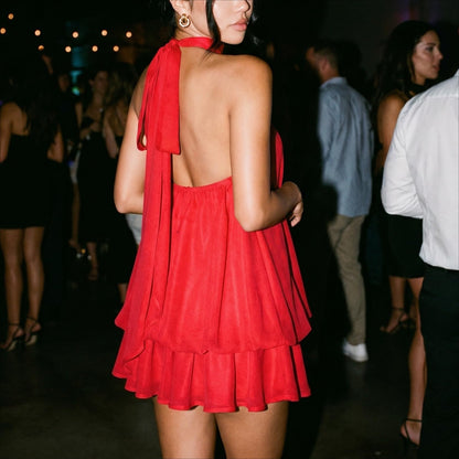 ✨Noxlo Ruched Halter Mini Dress | Open Back Ruffle Hem, Flowy Chiffon for Beach & Vacation(📦Buy 1 Free Shipping)