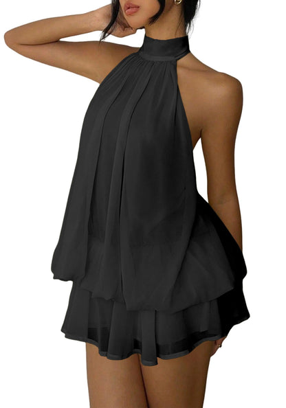 ✨Noxlo Ruched Halter Mini Dress | Open Back Ruffle Hem, Flowy Chiffon for Beach & Vacation(📦Buy 1 Free Shipping)