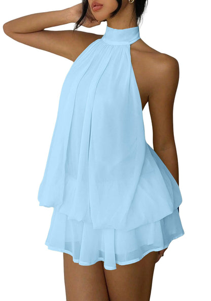 ✨Noxlo Ruched Halter Mini Dress | Open Back Ruffle Hem, Flowy Chiffon for Beach & Vacation(📦Buy 1 Free Shipping)