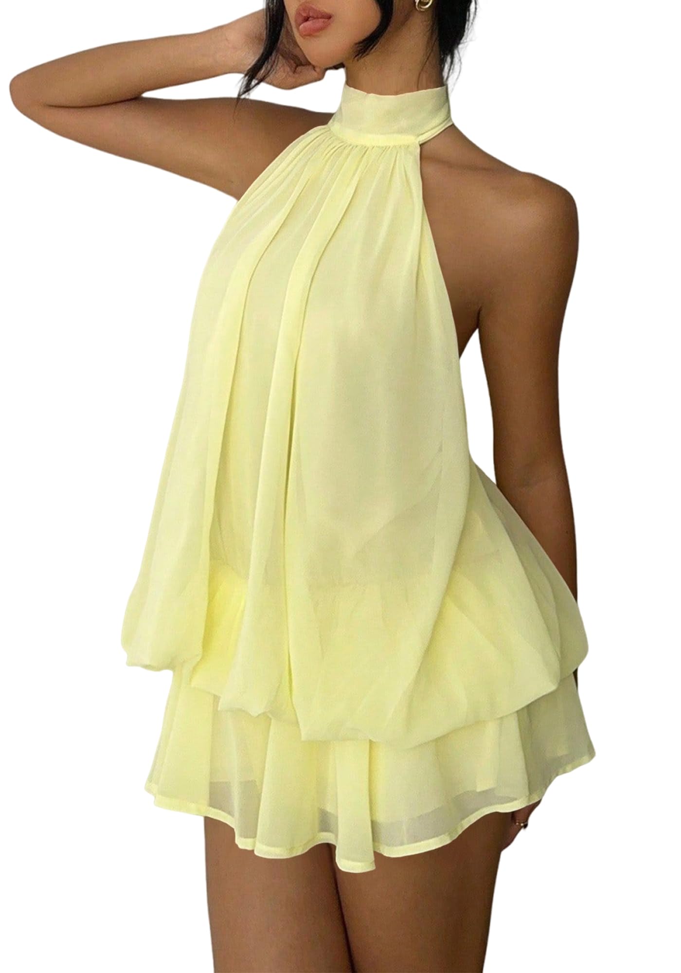 ✨Noxlo Ruched Halter Mini Dress | Open Back Ruffle Hem, Flowy Chiffon for Beach & Vacation(📦Buy 1 Free Shipping)