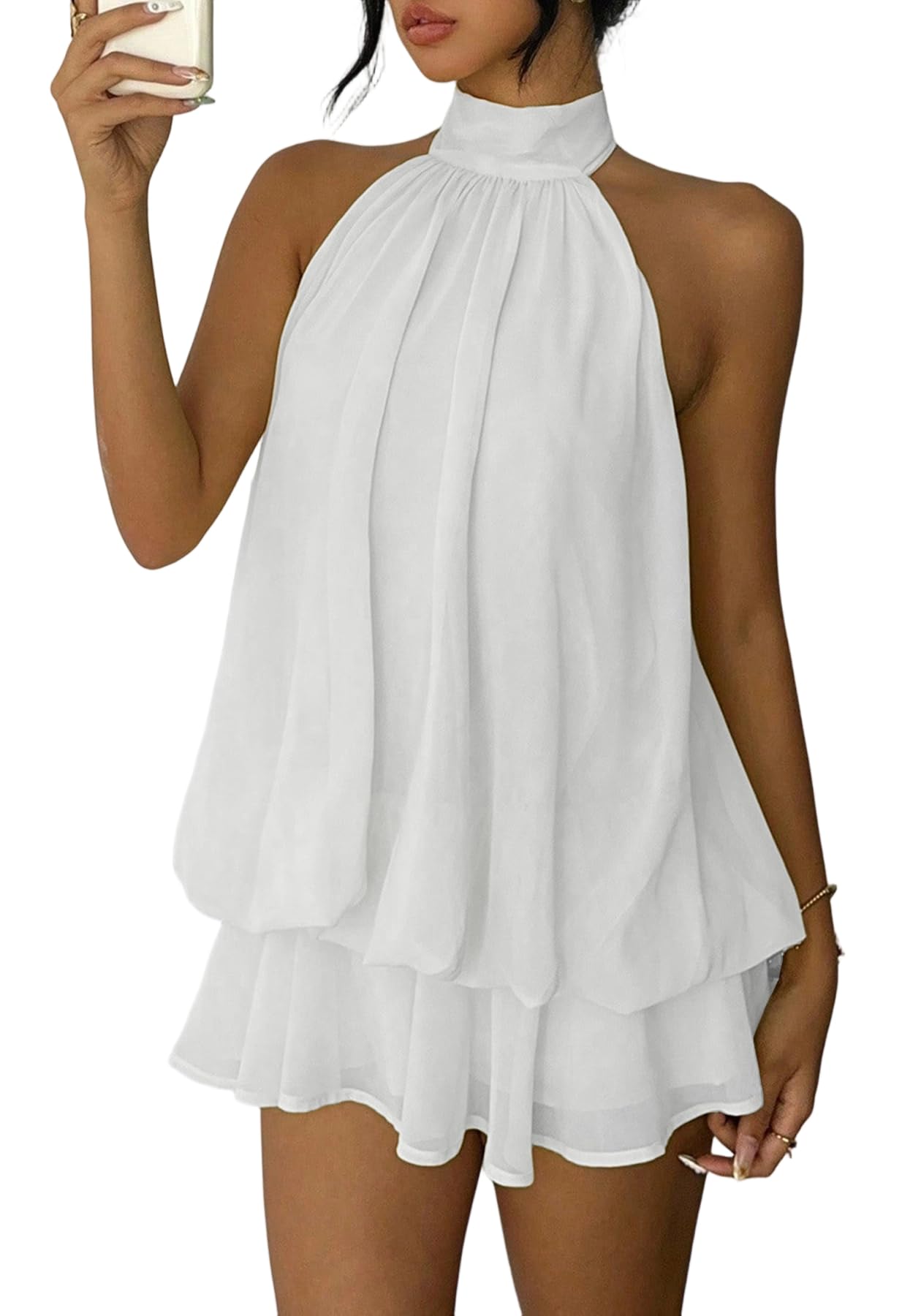 ✨Noxlo Women's Summer Halter Dresses Mesh Backless Mini Dresses Sundress | 2026, Ruffle Flowy Layered Hem, High Neck and Open Back, Cute Lightweight Beach Dresses
