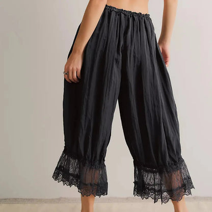 ✨Noxlo Lace Patchwork Bloomer Pants, Y2K Vintage Ruffle Hem Cropped Capri, Elastic Waist Lightweight Streetwear & Loungewear