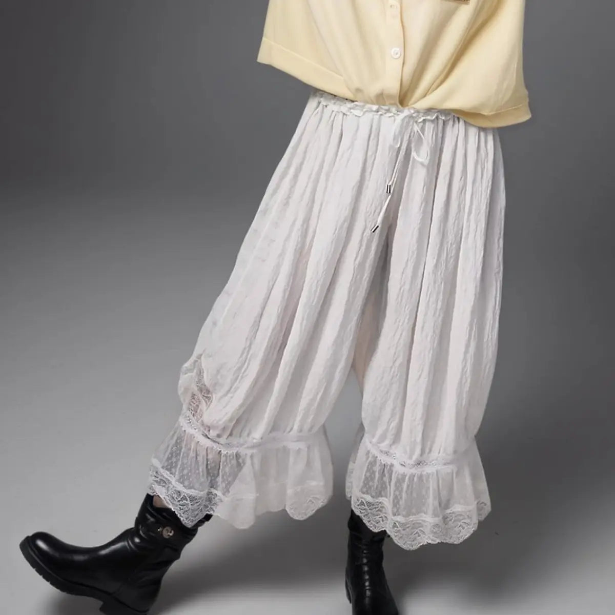 ✨Noxlo Lace Patchwork Bloomer Pants, Y2K Vintage Ruffle Hem Cropped Capri, Elastic Waist Lightweight Streetwear & Loungewear