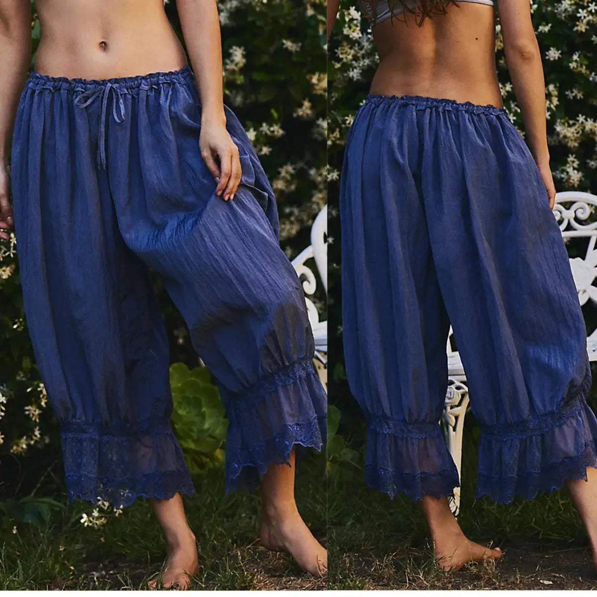 ✨Noxlo Lace Patchwork Bloomer Pants, Y2K Vintage Ruffle Hem Cropped Capri, Elastic Waist Lightweight Streetwear & Loungewear