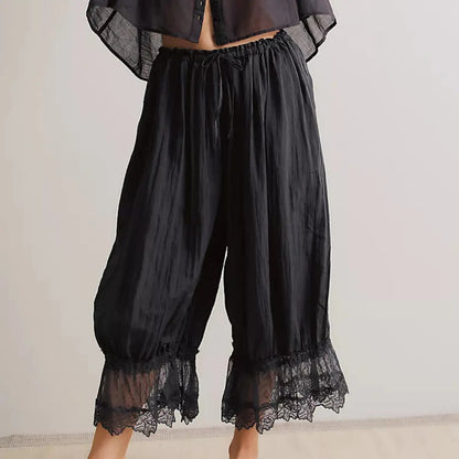 ✨Noxlo Lace Patchwork Bloomer Pants, Y2K Vintage Ruffle Hem Cropped Capri, Elastic Waist Lightweight Streetwear & Loungewear