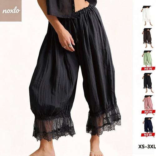 ✨Noxlo Lace Patchwork Bloomer Pants, Y2K Vintage Ruffle Hem Cropped Capri, Elastic Waist Lightweight Streetwear & Loungewear