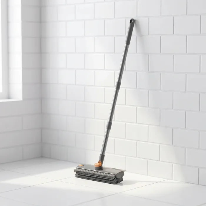No Kneeling Bathroom Tile Brush – 3-in-1 Scrubber, Squeegee & Crevice Tool, 360° Rotating Head, Adjustable Long Handle, Zero Electronics, No Breakdowns