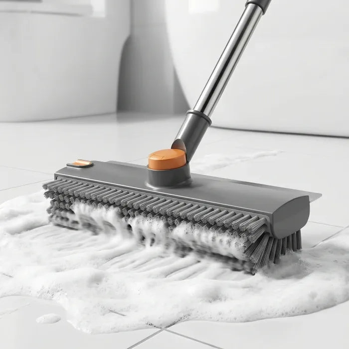 No Kneeling Bathroom Tile Brush – 3-in-1 Scrubber, Squeegee & Crevice Tool, 360° Rotating Head, Adjustable Long Handle, Zero Electronics, No Breakdowns